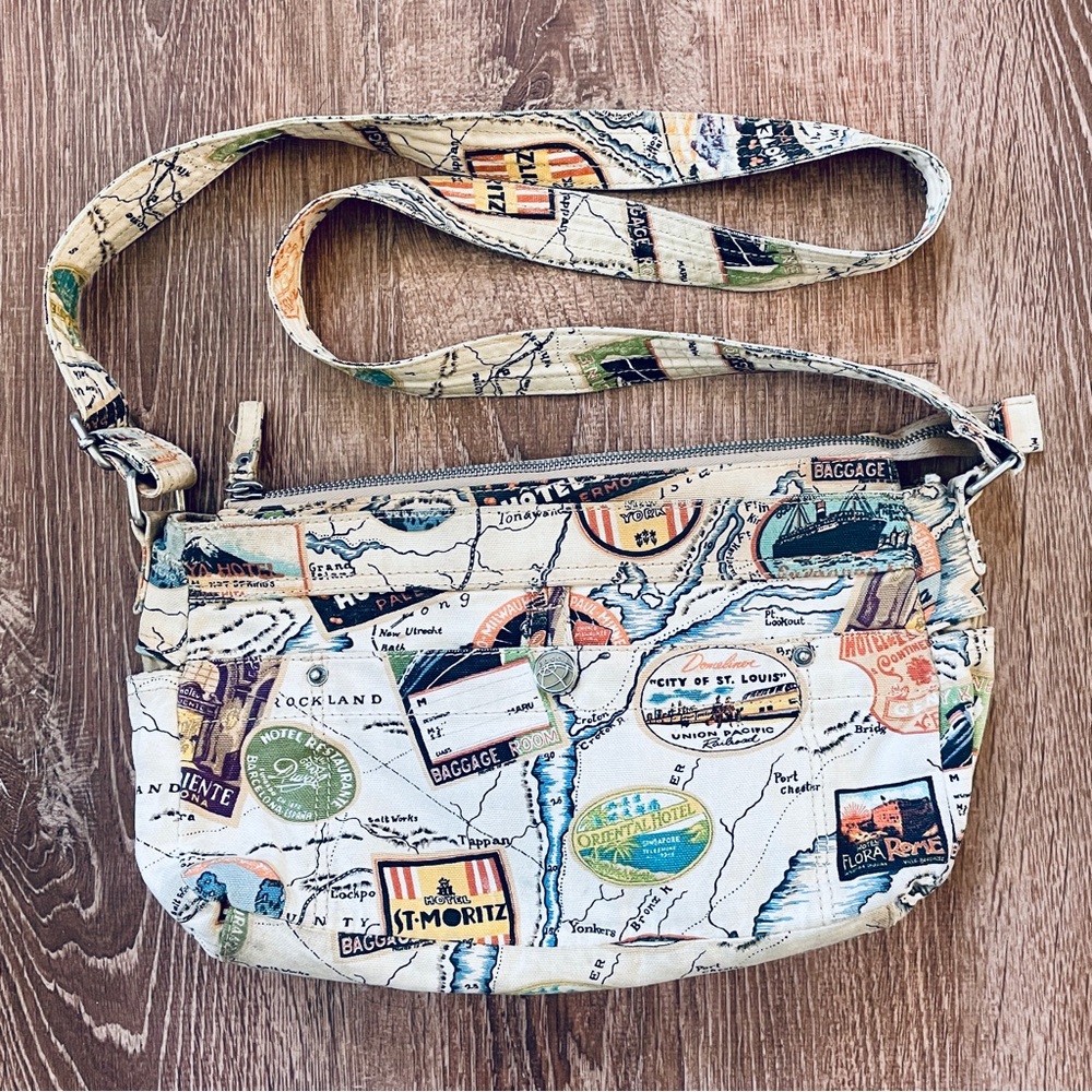 Fossil Crossbody Bag Purse Handbag Canvas St Moritz Travel Print
